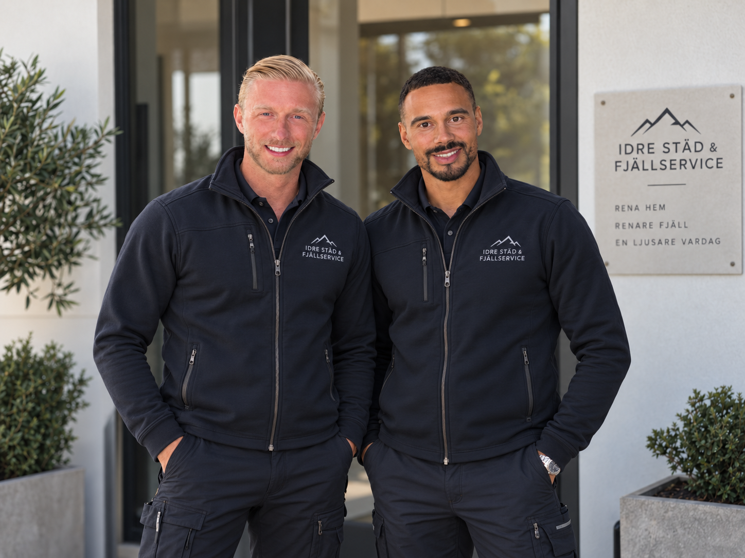 Philip och Josef i Idre Städ & Fjällservice-tröjor framför företagets skylt